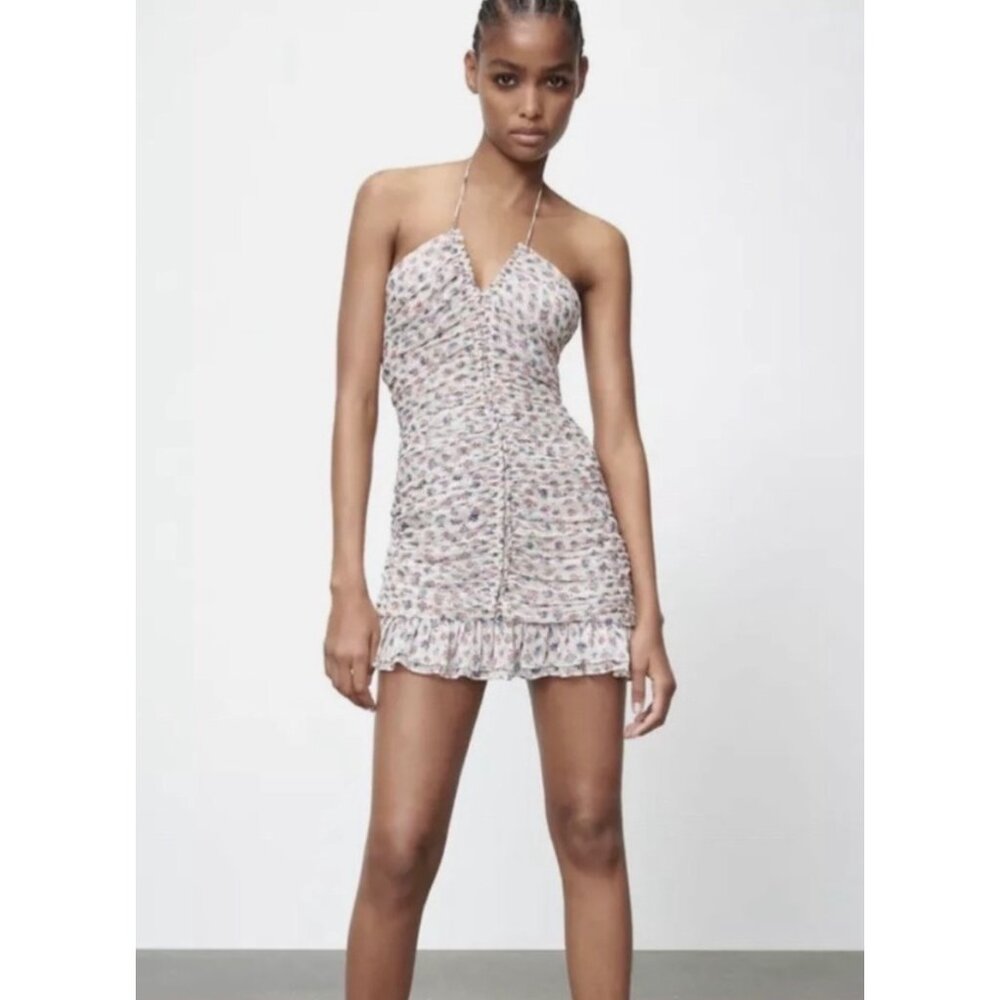 ZARA Mini Dress Metallic Thread Draped Ruched Front halter dress M